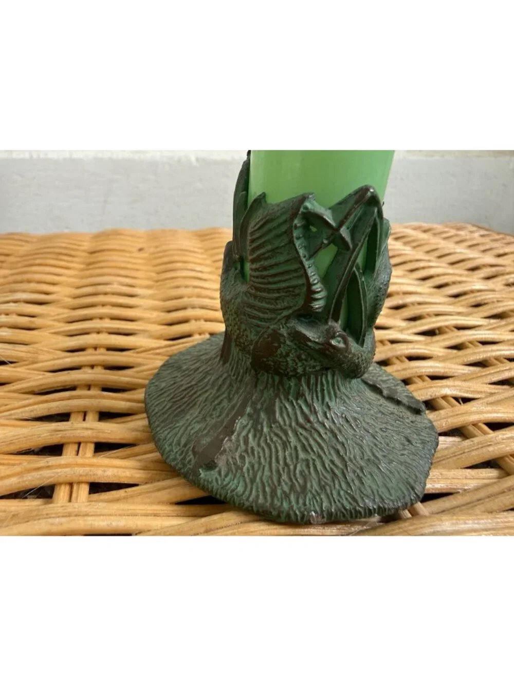 Antique 1910s Nouveau Green Opaline Glass Trumpet Bud Vase Metal Base